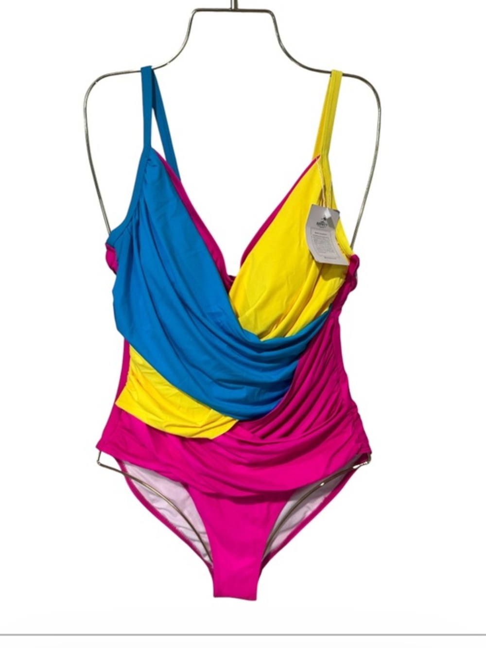 B2PRITY Colorblock Pink Blue Yellow Draped One-Piece Swimsuit Size large